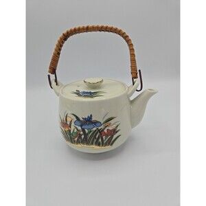 MCI  Vintage Japanese Teapot  Tea Pot  Bamboo Wire Handle White With Iris  A